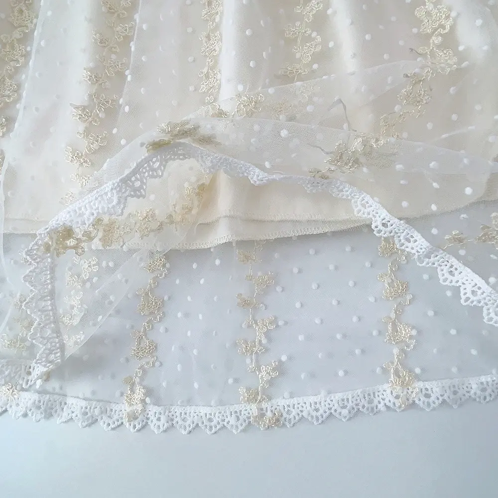 Beige Sweet Girl Summer New Mesh Flower Embroidered Long Sleeve Princess Dress 1-5 Year Old Children's Party Solid Color Clothes