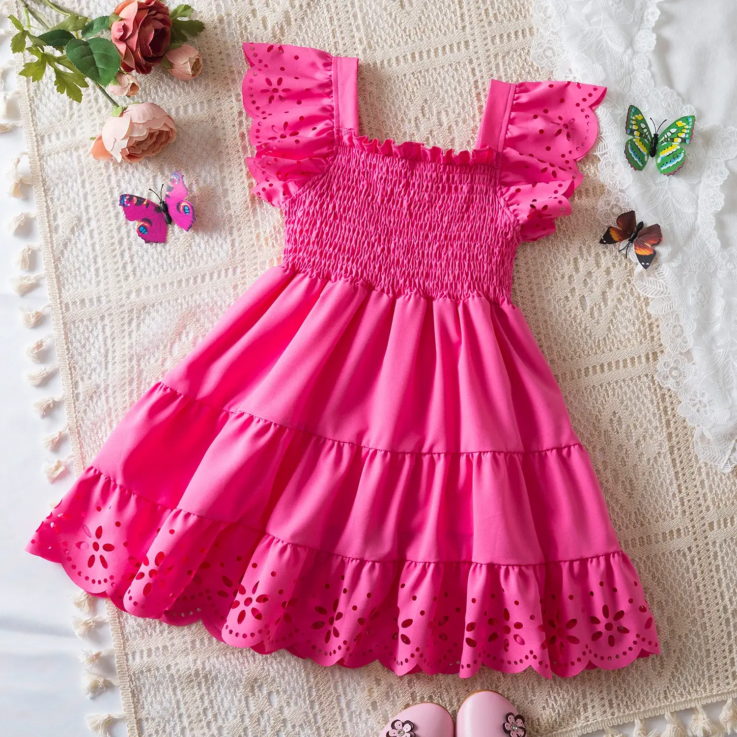 Cute Baby Girls Dress Summer New Girls' Clothing Ruffle Sleevele Princess Frocks Hollow Out Fashion Birthday Party Kids Dresses
