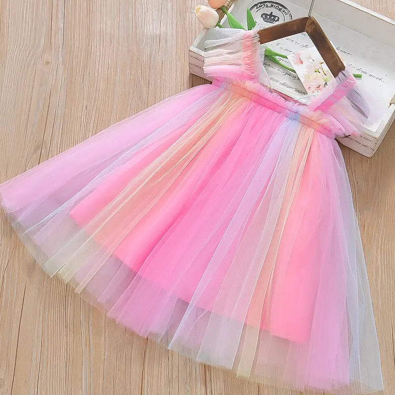 Summer New Girls' Rainbow Gradient Mesh Dress Loose And Cute Three-Dimensional Wing Fluffy Skirt Little Princess Fairy Dress