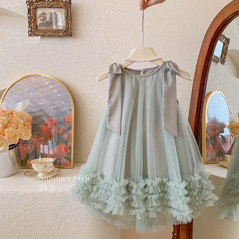 2024 Summer Korean  Girls New Sleeveless Bow Solid Color Sweet and Gentle Princess Dress Childrens Trend