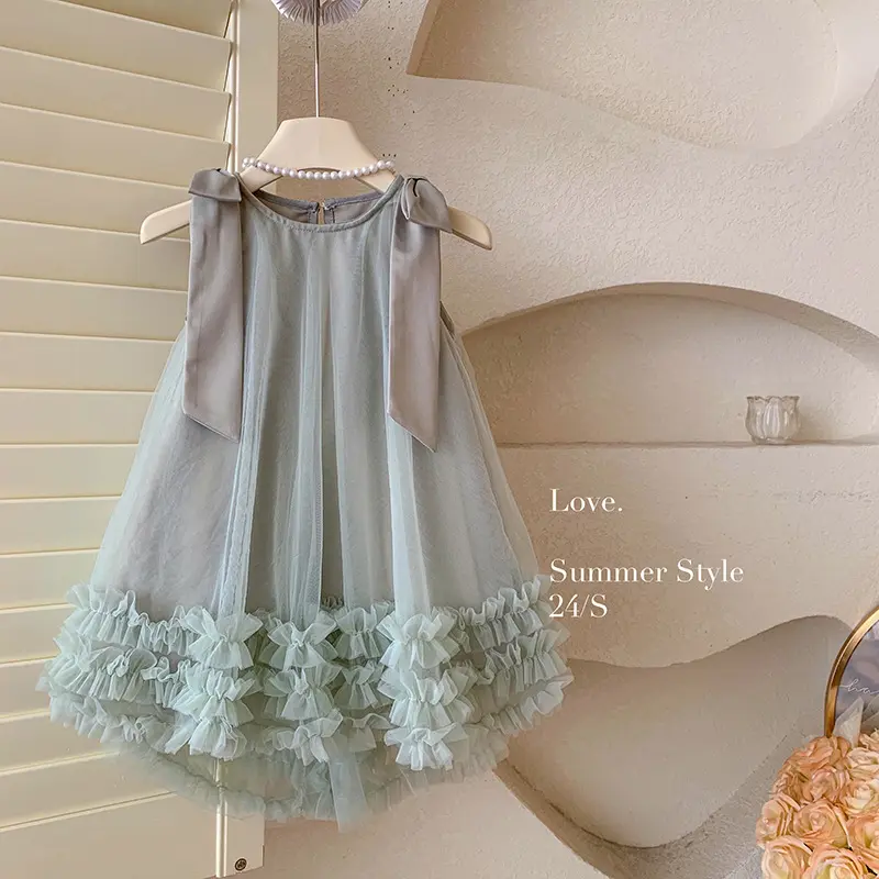 2024 Summer Korean  Girls New Sleeveless Bow Solid Color Sweet and Gentle Princess Dress Childrens Trend