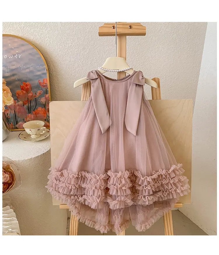 2024 Summer Korean  Girls New Sleeveless Bow Solid Color Sweet and Gentle Princess Dress Childrens Trend