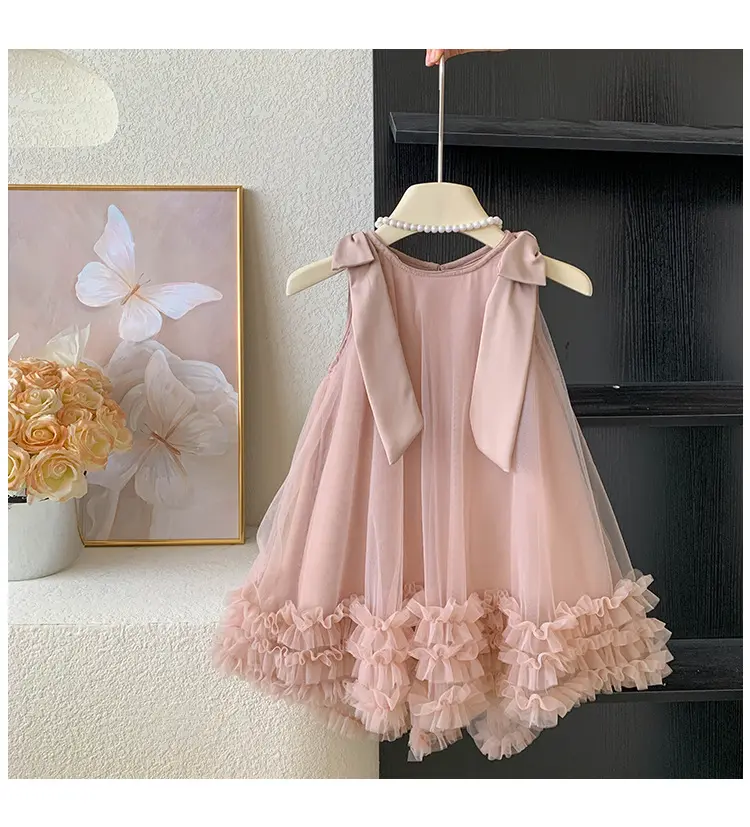 2024 Summer Korean  Girls New Sleeveless Bow Solid Color Sweet and Gentle Princess Dress Childrens Trend