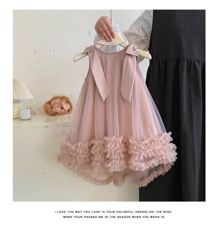 2024 Summer Korean  Girls New Sleeveless Bow Solid Color Sweet and Gentle Princess Dress Childrens Trend