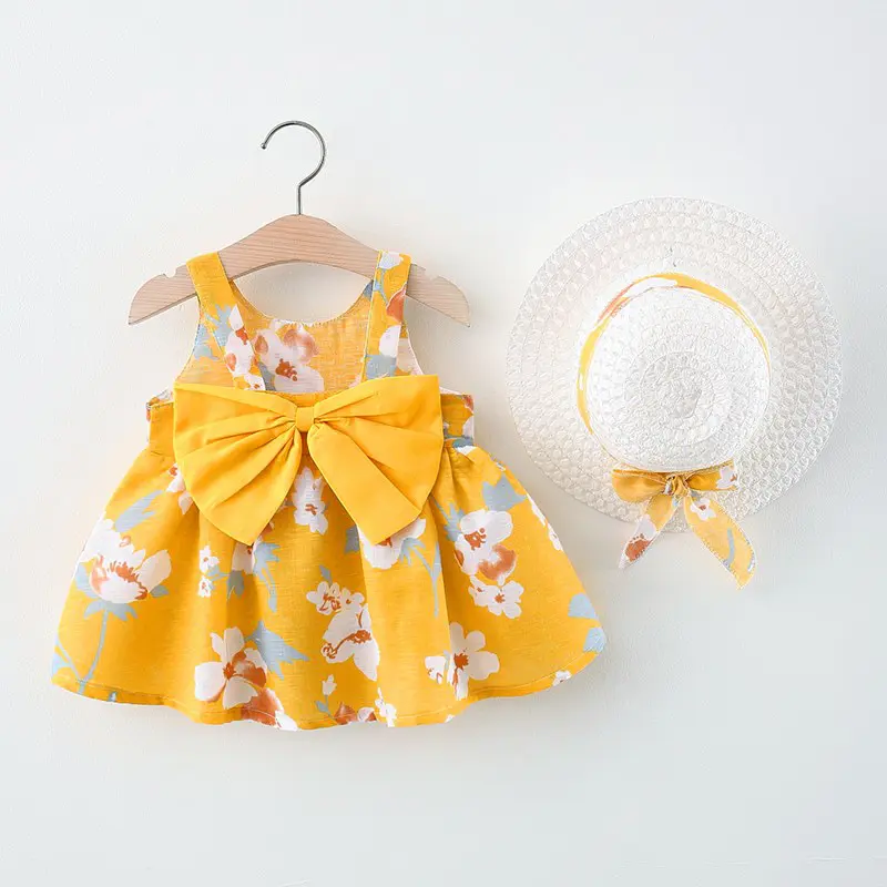 Summer New Girl Fashion Dress Small Chrysanthemum Hanging Strap Big Bow Princess Dress Party Dress 0-3 Years Old