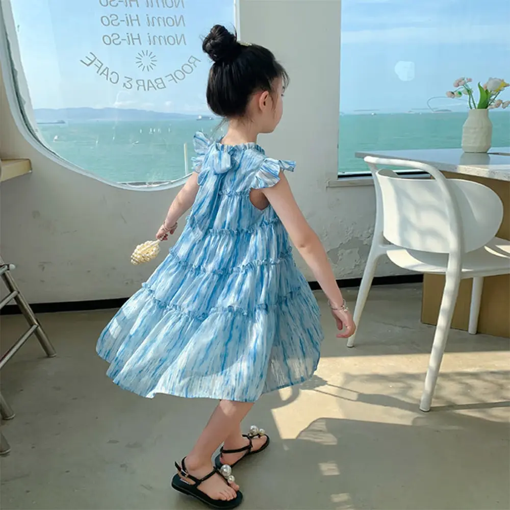 Summer 2-7 Years Girls Korean Version Cute Casual Sleeveless O-Neck A-Line Princess Dress 1 Pc Kids Party Fashion Sweet Clothes