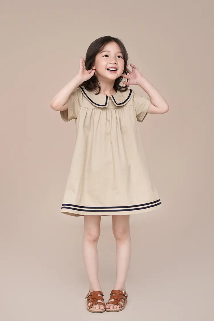 Humor Bear Summer Girl's Dress Solid Color Navy Collar Short-sleeved Fashion Casual Princess Dress Children Kids Clothing