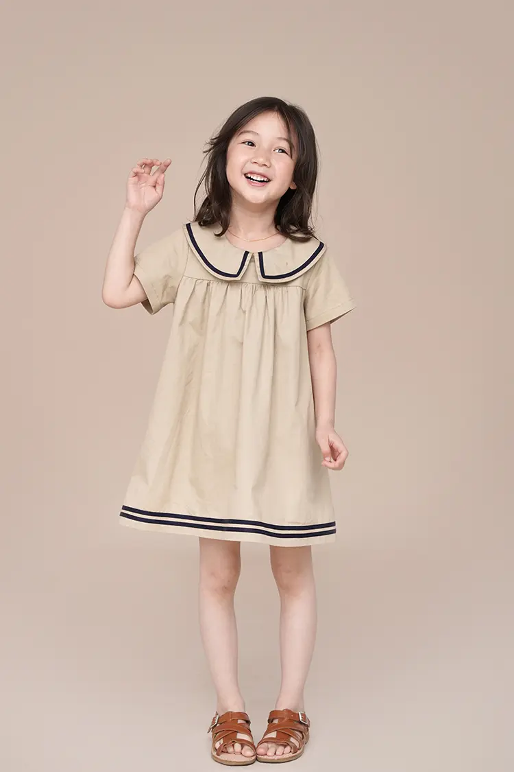 Humor Bear Summer Girl's Dress Solid Color Navy Collar Short-sleeved Fashion Casual Princess Dress Children Kids Clothing