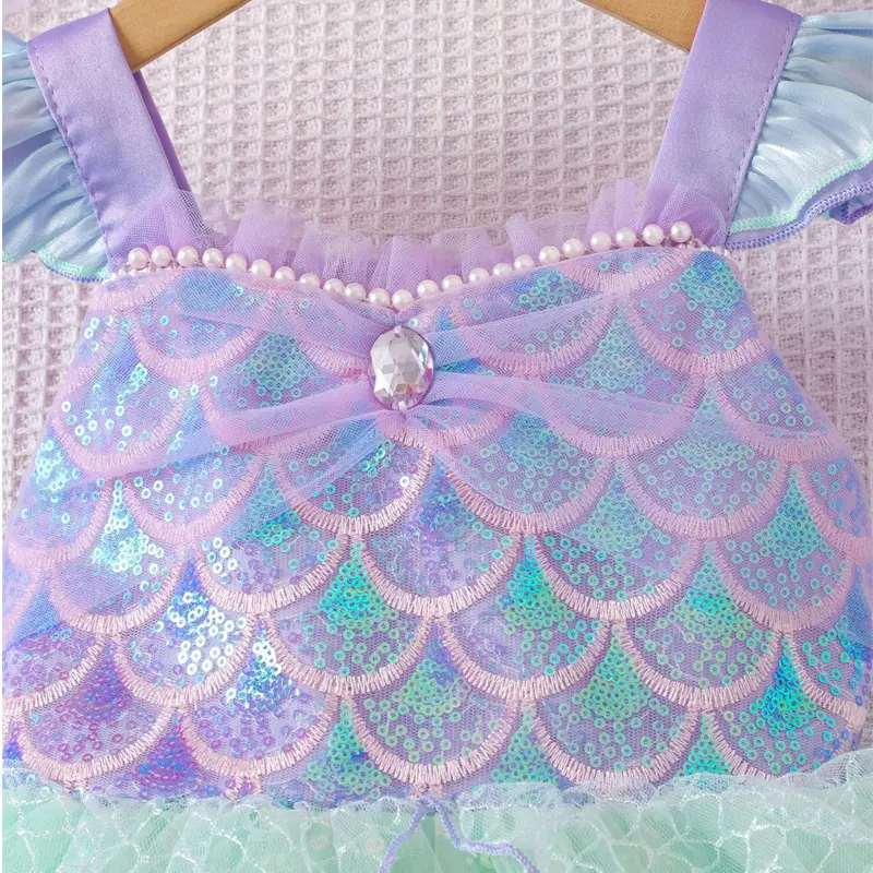 Girls Flying Sleeve Suspender Mesh Skirt Baby Girl Summer Sweet Sequin Performance Costume Mermaid Princess Dress