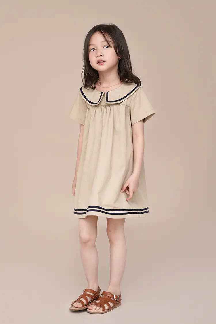 Humor Bear Summer Girl's Dress Solid Color Navy Collar Short-sleeved Fashion Casual Princess Dress Children Kids Clothing