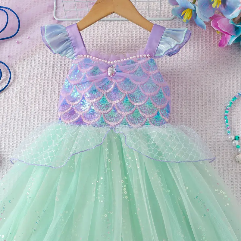 Girls Flying Sleeve Suspender Mesh Skirt Baby Girl Summer Sweet Sequin Performance Costume Mermaid Princess Dress