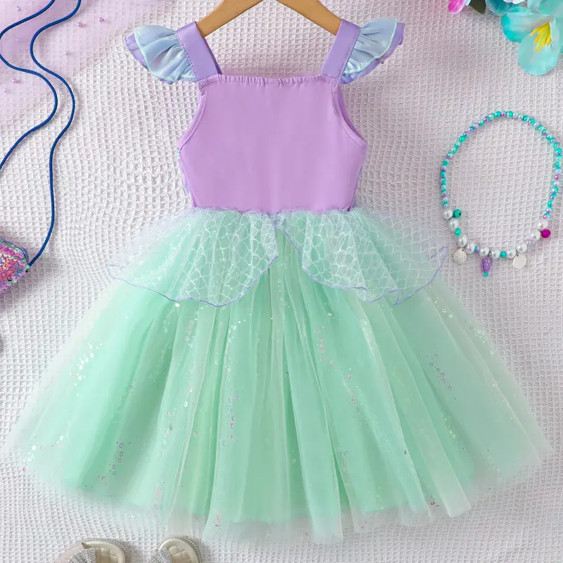 Girls Flying Sleeve Suspender Mesh Skirt Baby Girl Summer Sweet Sequin Performance Costume Mermaid Princess Dress