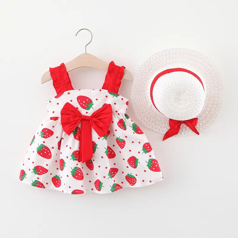 Summer New Girls' Dress Baby Girl Dress Korean Version Floral Dress Baby Stylish Cotton Dress Bow Tie Hat Included