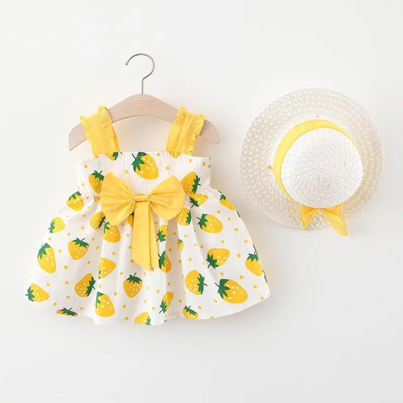 Summer New Girls' Dress Baby Girl Dress Korean Version Floral Dress Baby Stylish Cotton Dress Bow Tie Hat Included