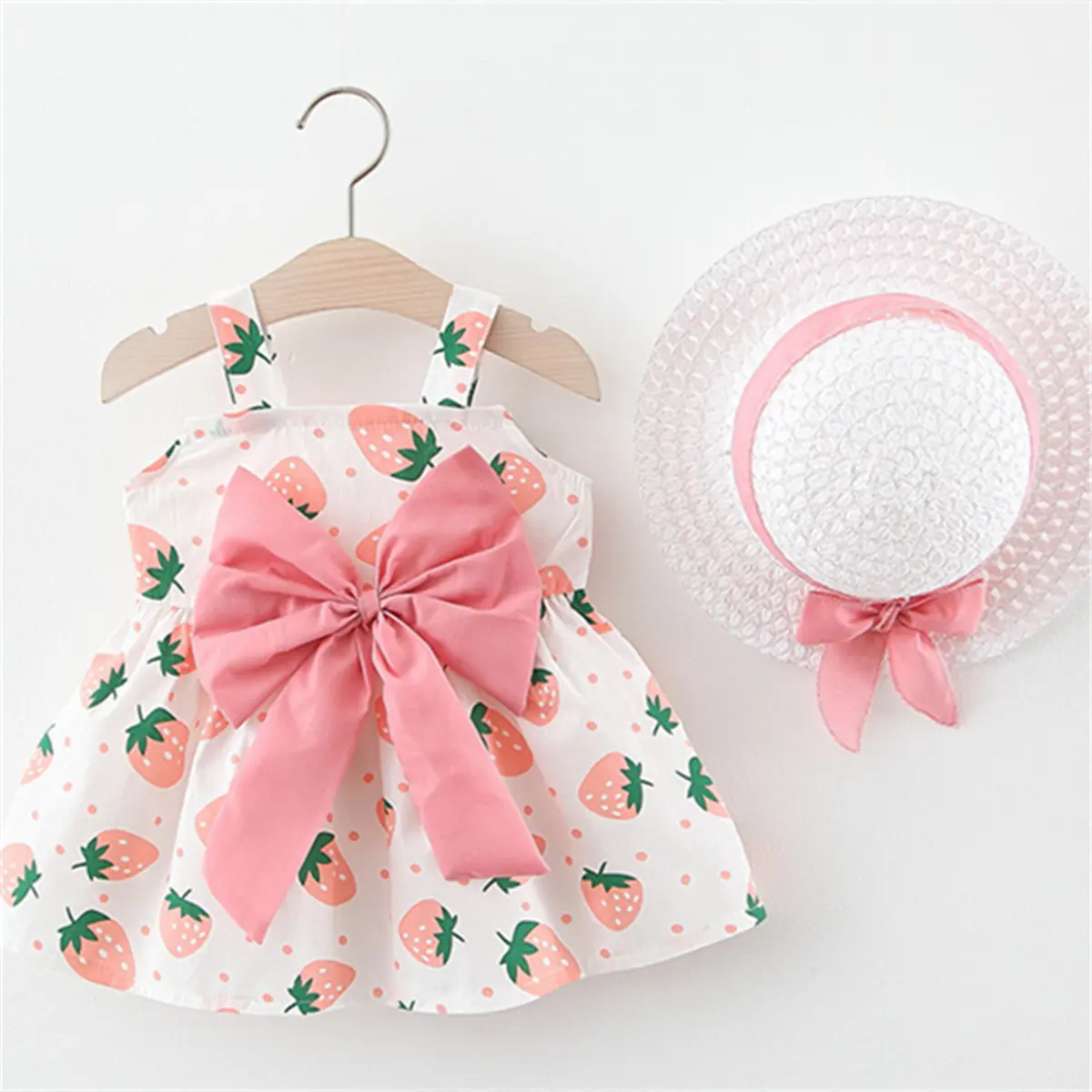 Summer New Girls' Dress Baby Girl Dress Korean Version Floral Dress Baby Stylish Cotton Dress Bow Tie Hat Included