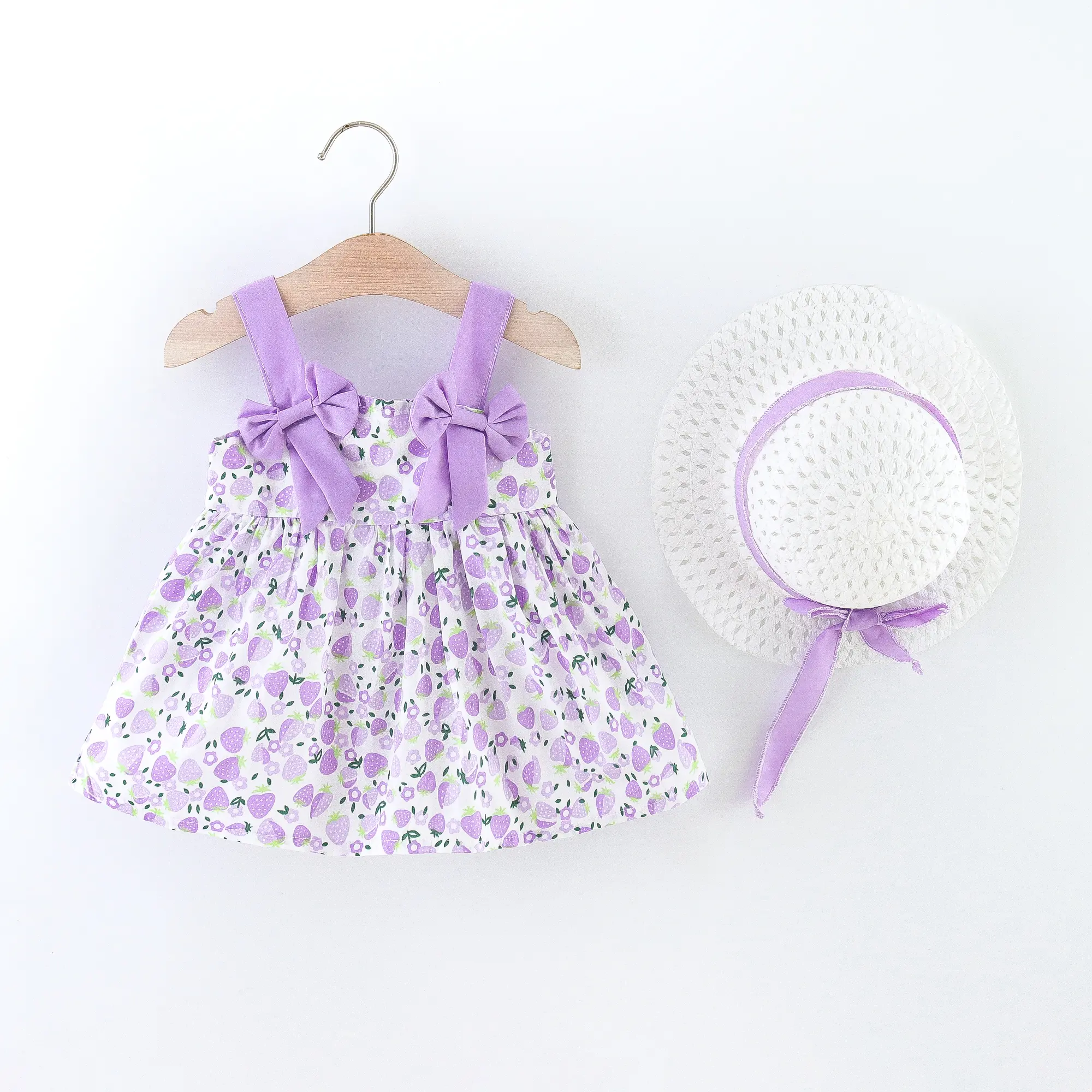 Summer New Girls' Dress Baby Girl Dress Korean Version Floral Dress Baby Stylish Cotton Dress Bow Tie Hat Included