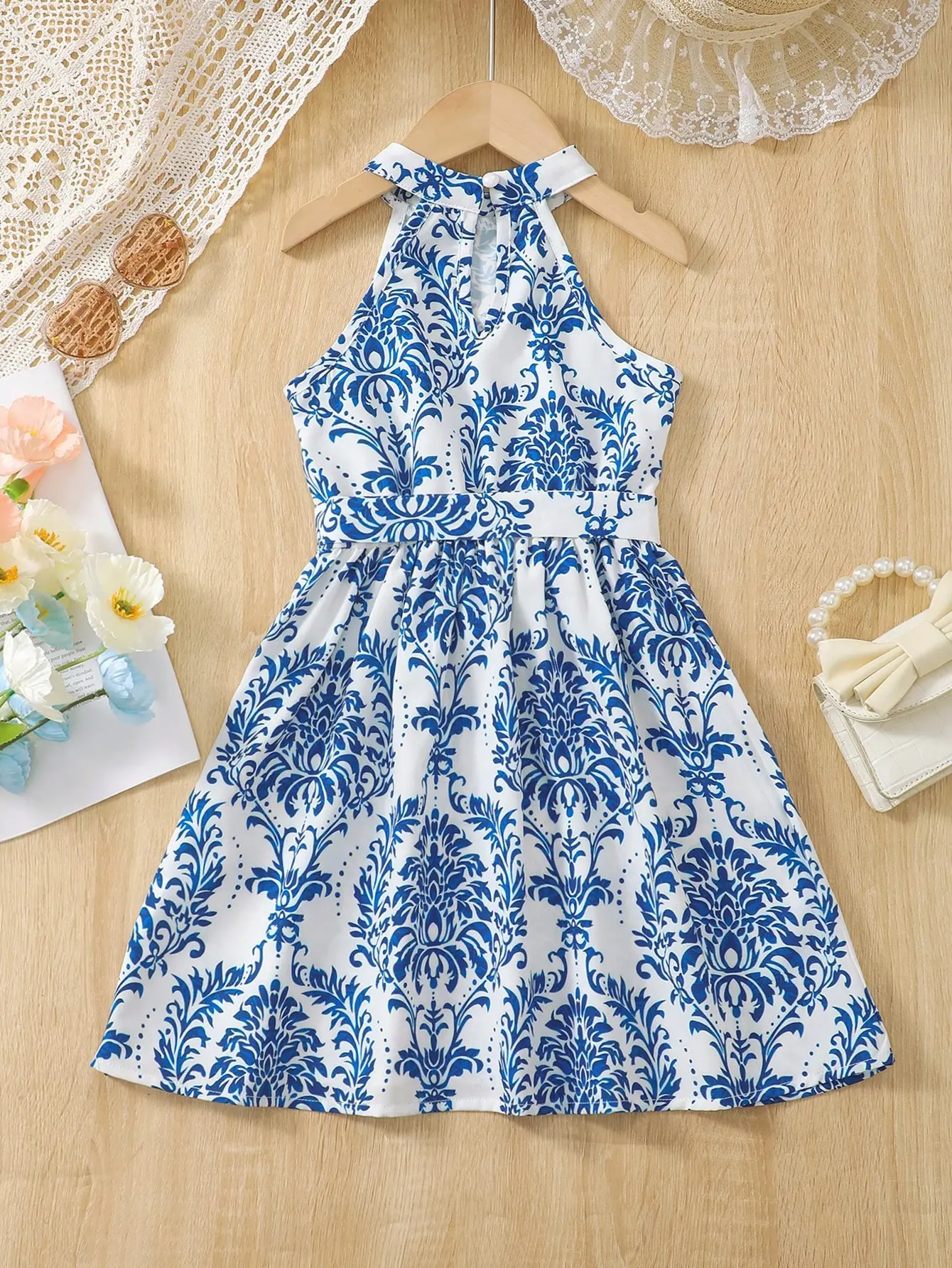 Young Girl Vacation Halter Neck Printed A-Line Sleeveless Dress, Perfect For Summer & Beach Holiday