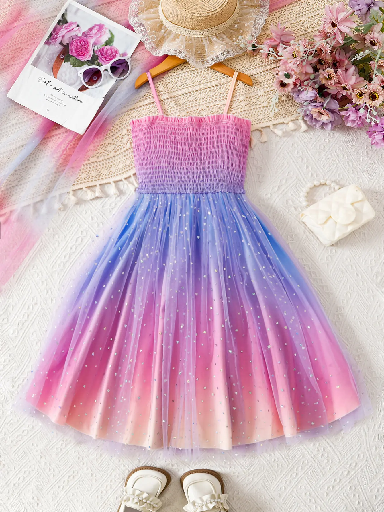 Girls Dresses Tween Kids Summer Outfits Rainbow Tie-Dye Gradient Mesh Sequin Spaghetti-Strap Tutu Tulle Dresses Girls Clothes