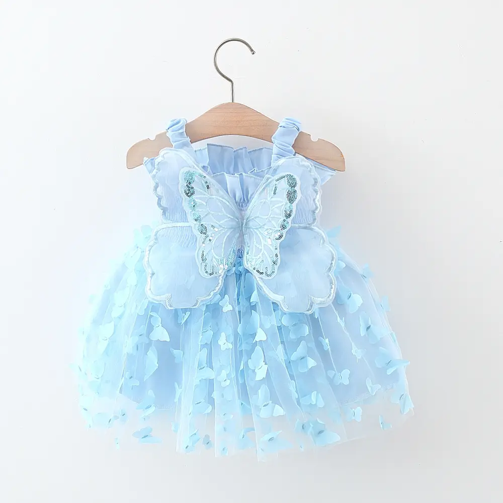Baby Girl Party Dress Princess Birthday Dress Back Bow Wing Embroidery Mesh Solid Color Strap Mesh Dress 0-3 Years Old