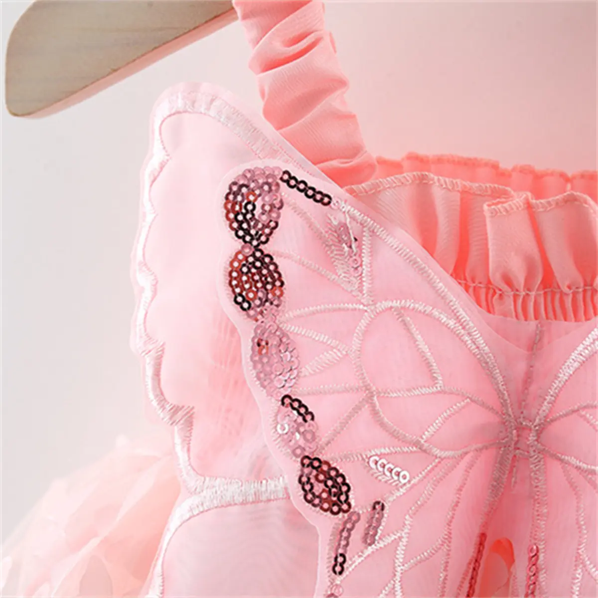Baby Girl Party Dress Princess Birthday Dress Back Bow Wing Embroidery Mesh Solid Color Strap Mesh Dress 0-3 Years Old
