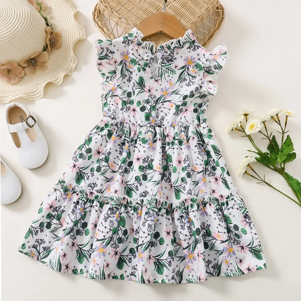 1-6 Years Kids Baby Girl Daily Dress Flowers Print Sleeveless Retro Style Lovely A- Line Summer Children Holiday Party Dresses