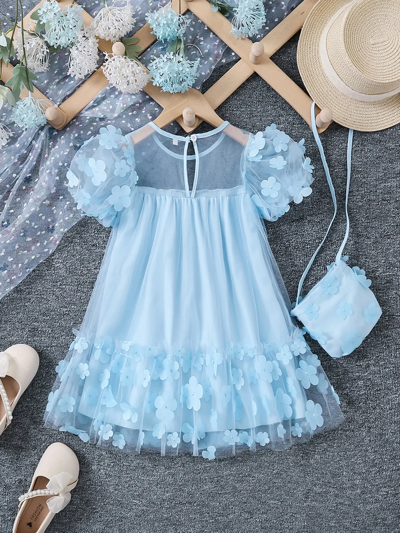 Girls Summer Mesh Splicing Three-dimensional Flower Fashion Princess Dress with Crossbody Bag Dress