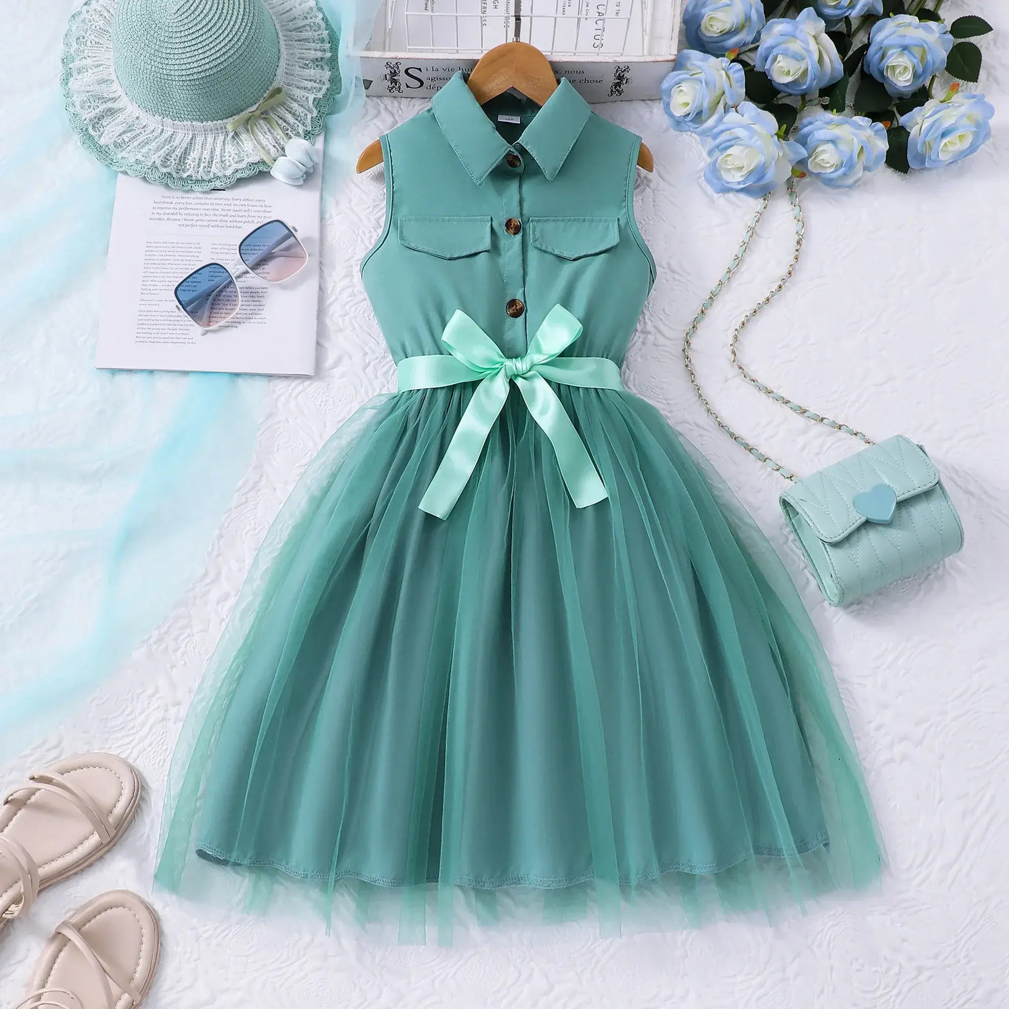 2025 Teen Girl Dress Summer Blue KIds Dresses Sleeveless Casual Vacation Elegant Mesh Children Princess Dress 7 8 9 10 11 12 Yrs