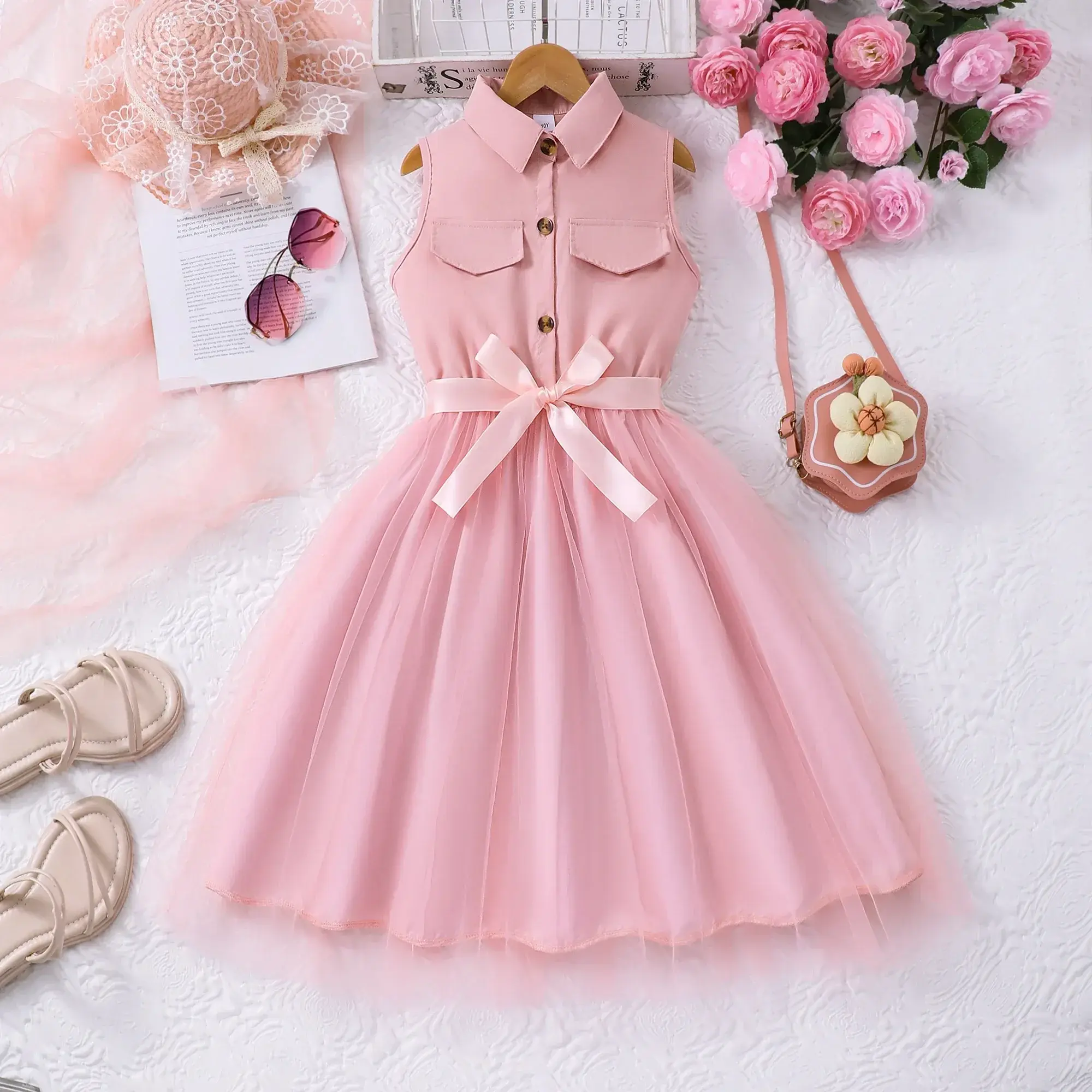2025 Teen Girl Dress Summer Blue KIds Dresses Sleeveless Casual Vacation Elegant Mesh Children Princess Dress 7 8 9 10 11 12 Yrs