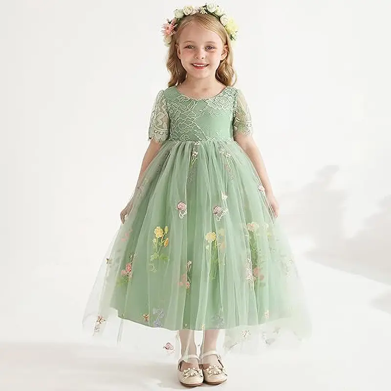 Flower Embroidery Tulle Dress for Girls Green Lace V-shaped Backless Dress Elegant Princess Birthday Party Long Formal Dress