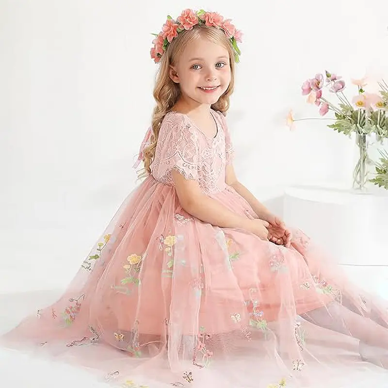 Flower Embroidery Tulle Dress for Girls Green Lace V-shaped Backless Dress Elegant Princess Birthday Party Long Formal Dress