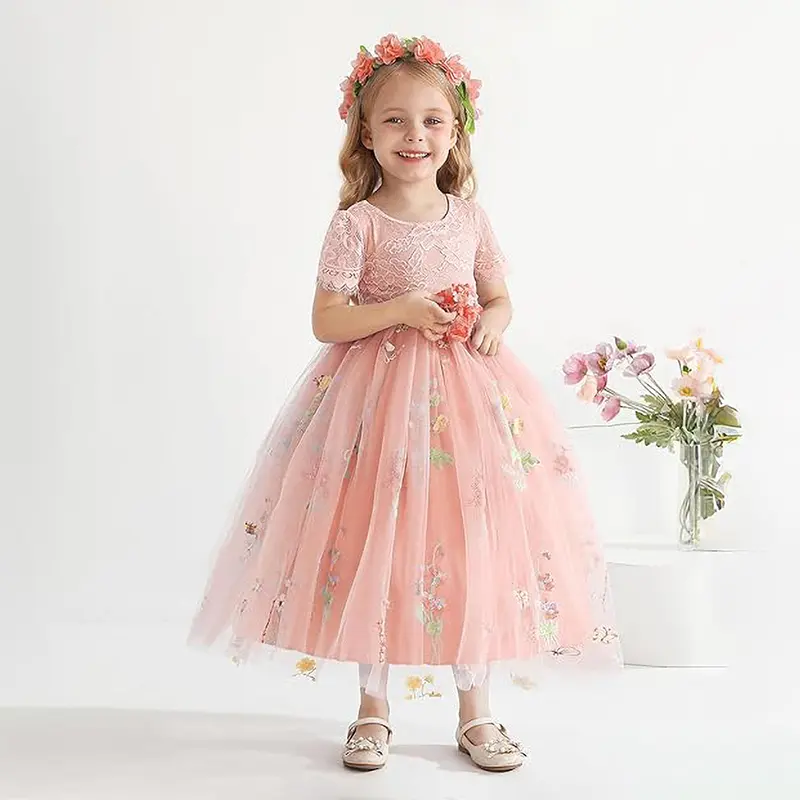 Flower Embroidery Tulle Dress for Girls Green Lace V-shaped Backless Dress Elegant Princess Birthday Party Long Formal Dress