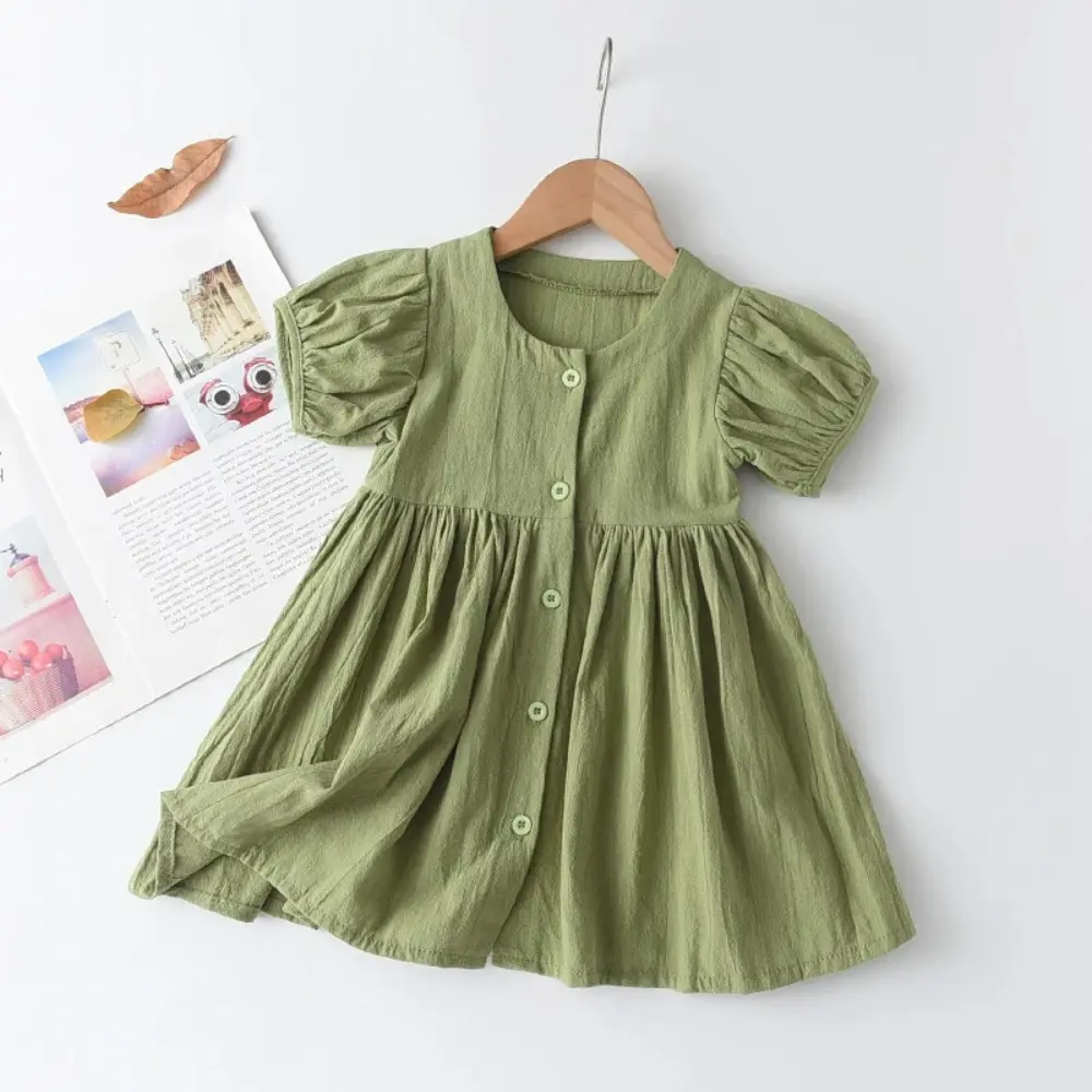 Solid Color Summer New Girls' Casual Clothes Round Neck Single Breasted Bubble Sleeve Princess Dress for Children's Daily Wear