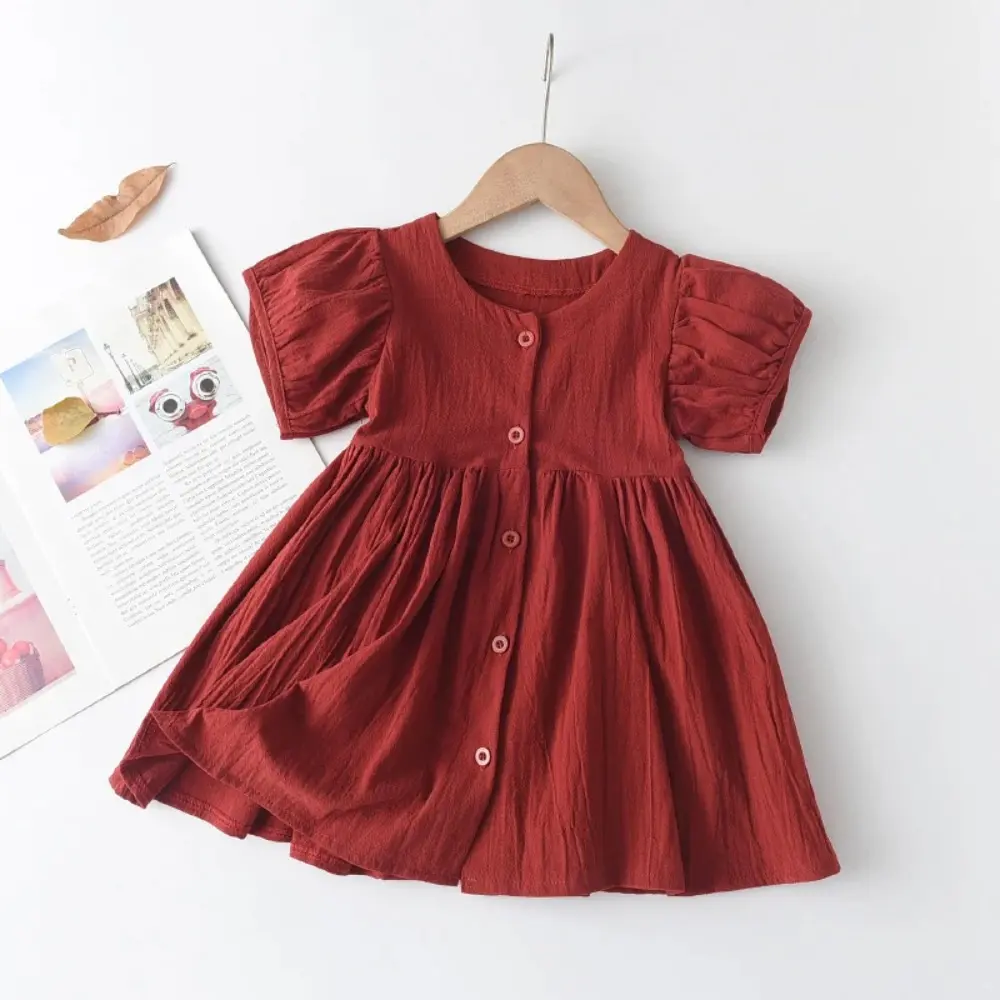 Solid Color Summer New Girls' Casual Clothes Round Neck Single Breasted Bubble Sleeve Princess Dress for Children's Daily Wear