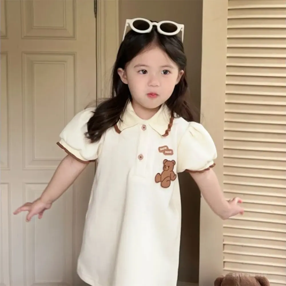 Summer Kids Casual Short Sleeve Turn-down Collar Cartoon Pattern Dress 1 Pc 2-6 Years Girls Fashion Sweet Cute Clothes