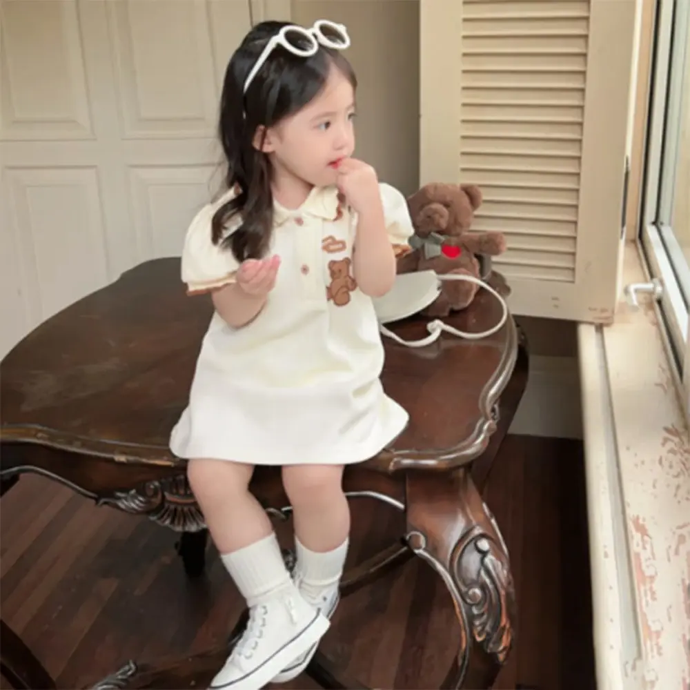 Summer Kids Casual Short Sleeve Turn-down Collar Cartoon Pattern Dress 1 Pc 2-6 Years Girls Fashion Sweet Cute Clothes