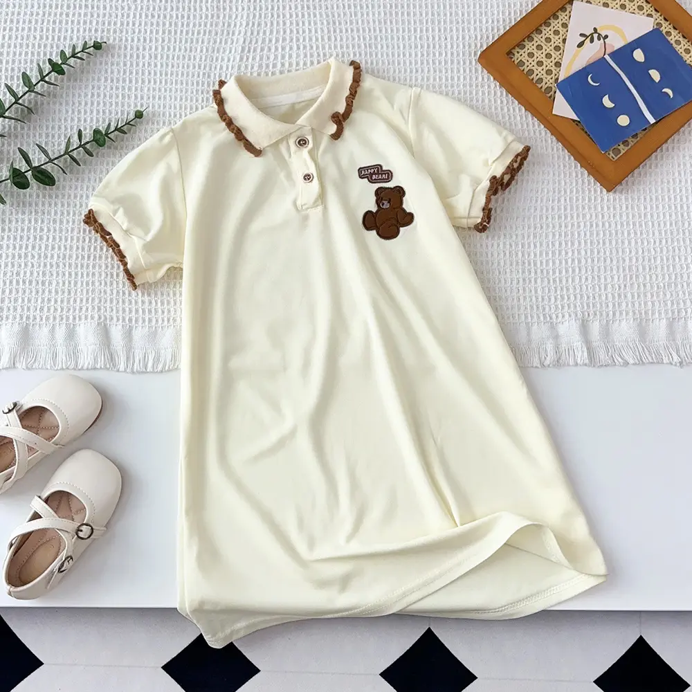 Summer Kids Casual Short Sleeve Turn-down Collar Cartoon Pattern Dress 1 Pc 2-6 Years Girls Fashion Sweet Cute Clothes