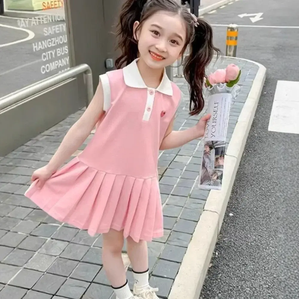 Sweet and Cute College Style Girls' Casual Clothes Summer New Polo Collar Sleeveless Pleated Dress for Children Aged 2-7