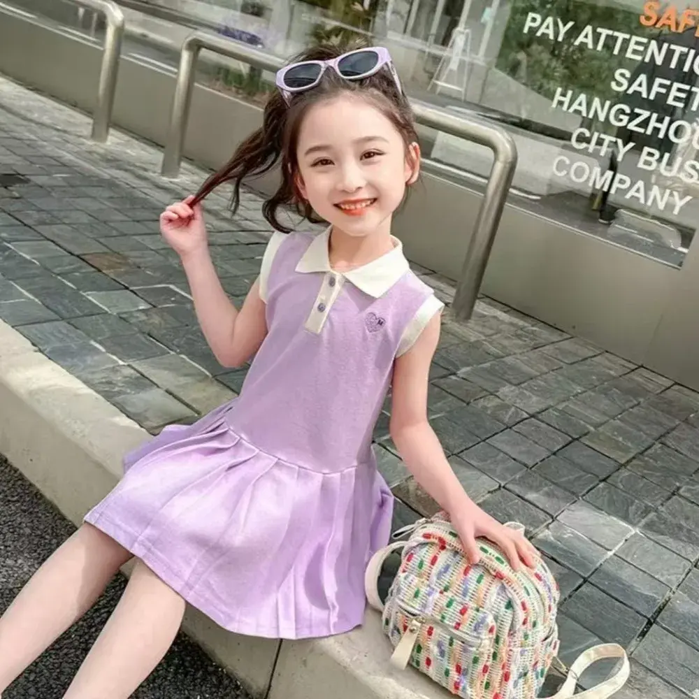 Sweet and Cute College Style Girls' Casual Clothes Summer New Polo Collar Sleeveless Pleated Dress for Children Aged 2-7
