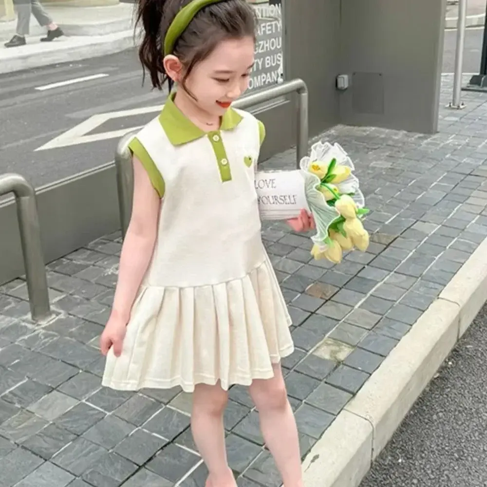 Sweet and Cute College Style Girls' Casual Clothes Summer New Polo Collar Sleeveless Pleated Dress for Children Aged 2-7