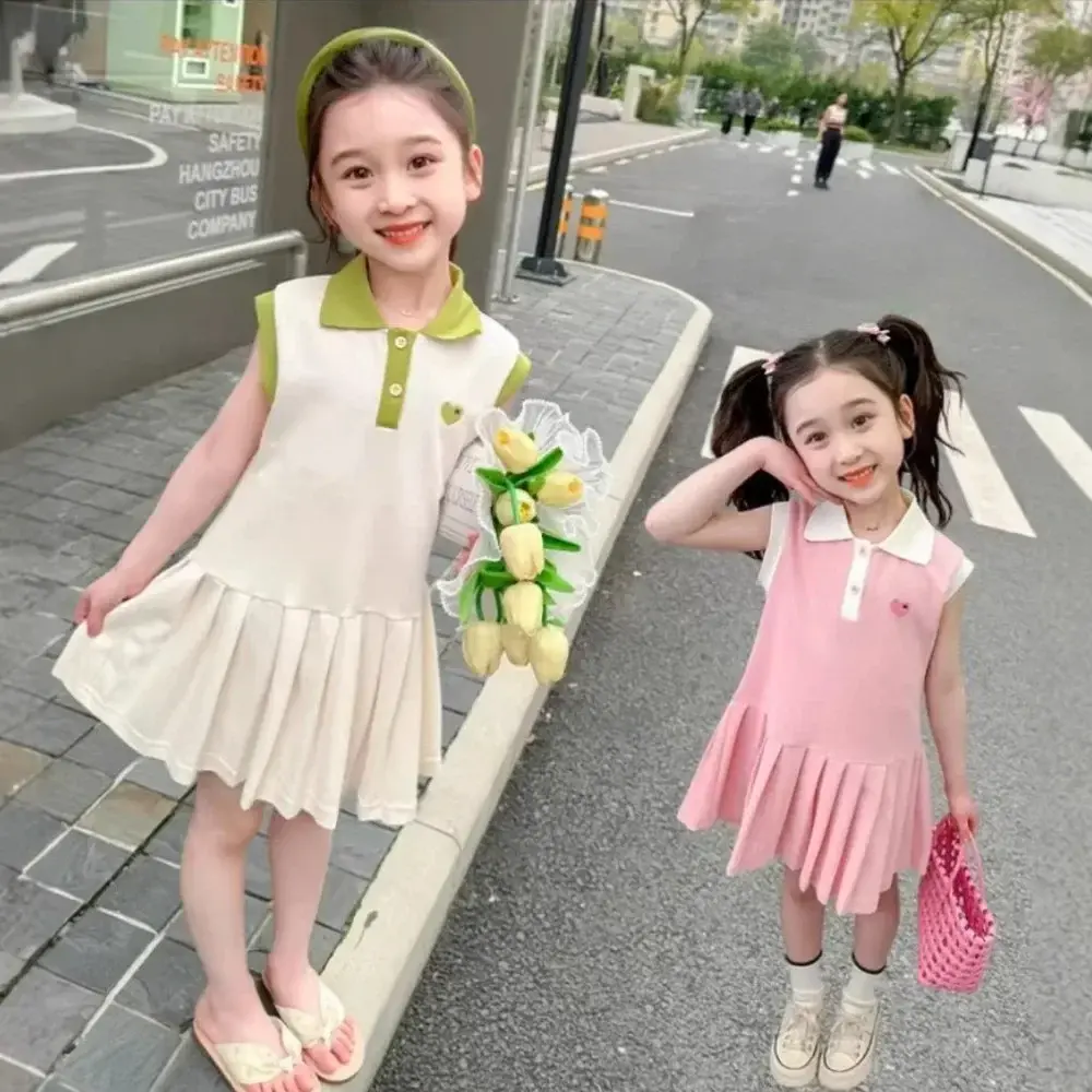 Sweet and Cute College Style Girls' Casual Clothes Summer New Polo Collar Sleeveless Pleated Dress for Children Aged 2-7