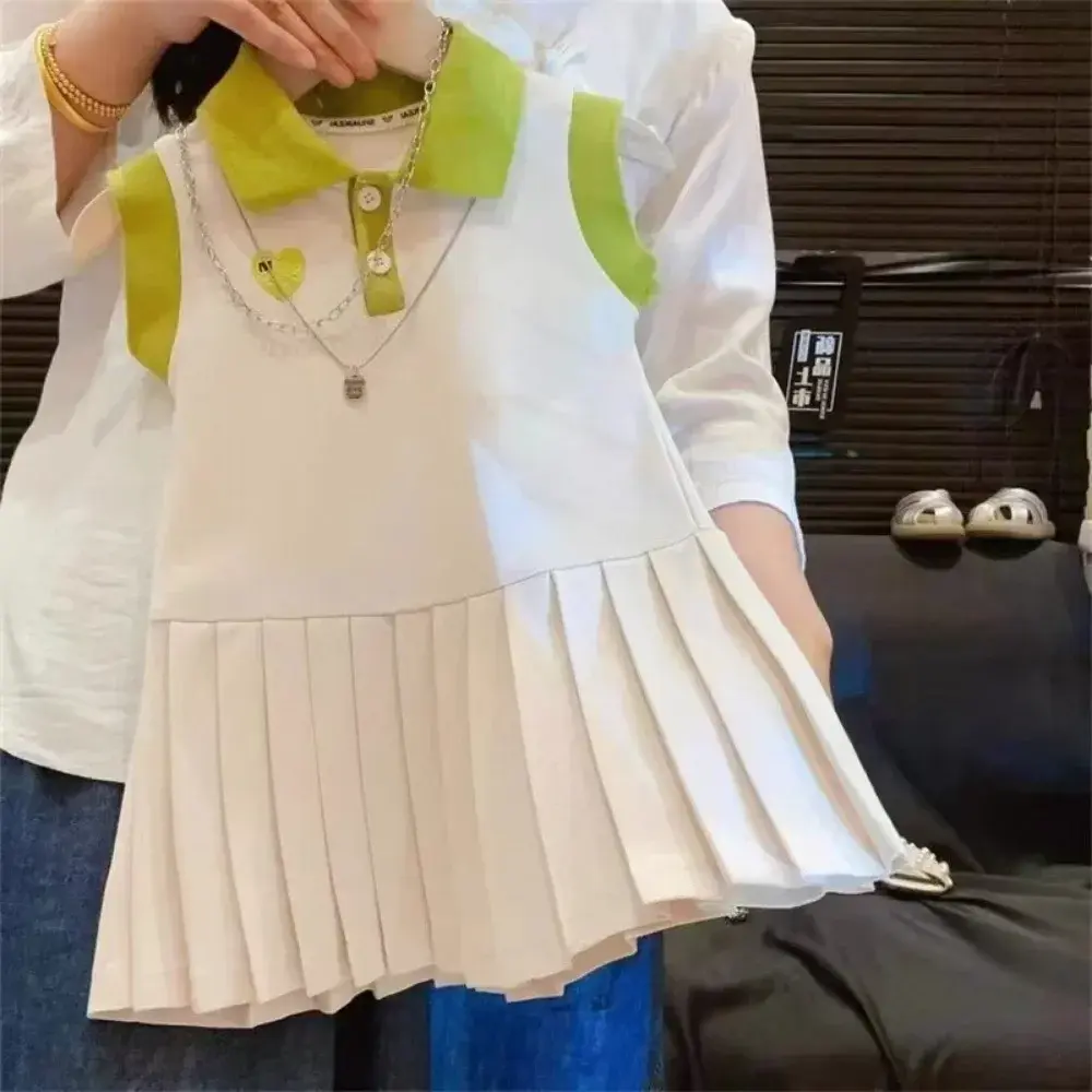 Sweet and Cute College Style Girls' Casual Clothes Summer New Polo Collar Sleeveless Pleated Dress for Children Aged 2-7