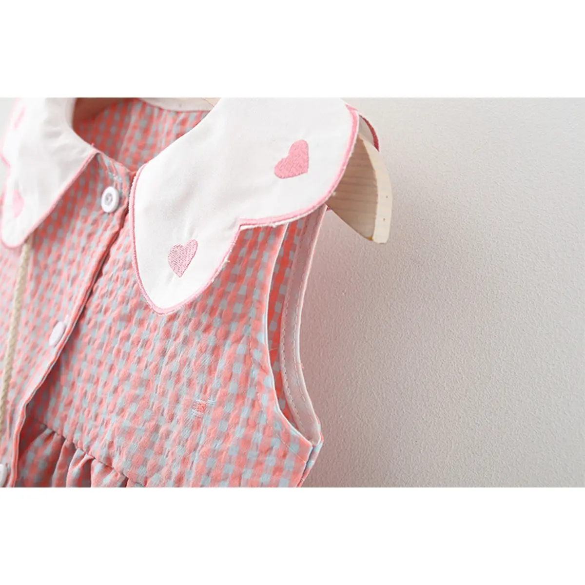 2 Pcs Summer New Dress Girl's Sleeveless Lace Heart Collar Sweet and Beautiful Plaid Button Cotton Cloth Dress