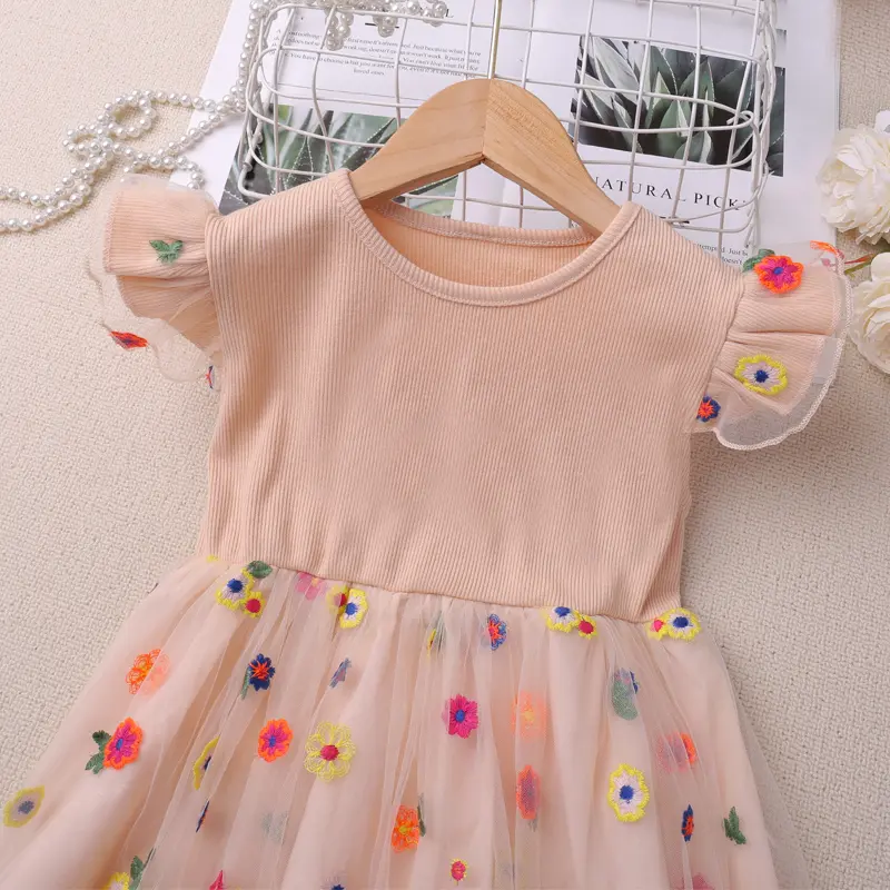 Humor Bear Girls' New Summer Clothes Fly Sleeve Print Splice Sweet and Cute Mesh Dress Gentle Style  Vestidos Casual Outfit 2-6Y