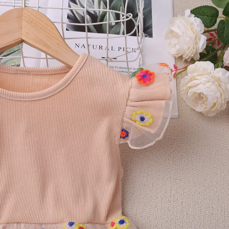 Humor Bear Girls' New Summer Clothes Fly Sleeve Print Splice Sweet and Cute Mesh Dress Gentle Style  Vestidos Casual Outfit 2-6Y