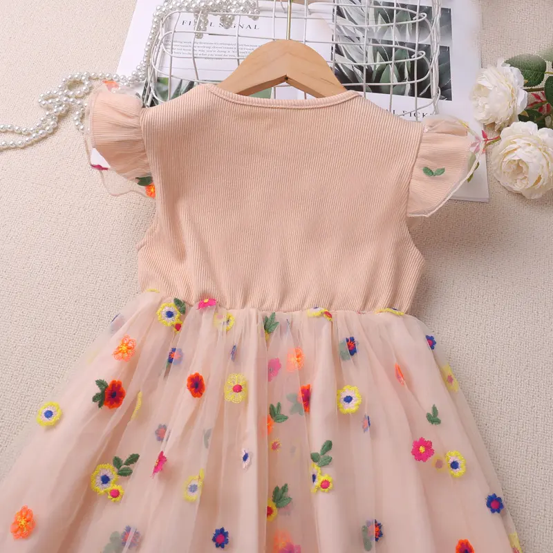 Humor Bear Girls' New Summer Clothes Fly Sleeve Print Splice Sweet and Cute Mesh Dress Gentle Style  Vestidos Casual Outfit 2-6Y