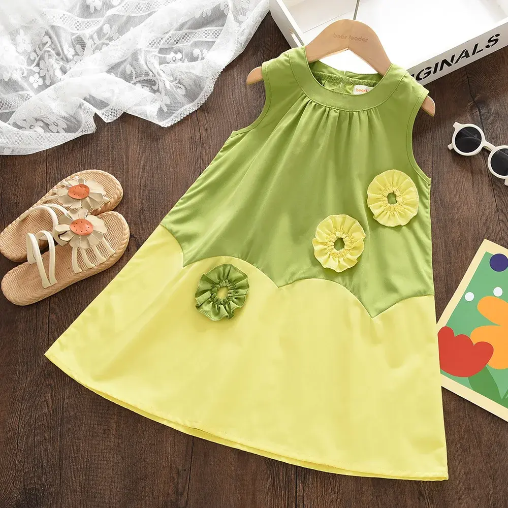 Kids Summer New Korean Version Fashion Sweet Outfit Sleeveless O-Neck A-Line Dress 1 Pc 2-7 Years Girls Cute Casual Clothes