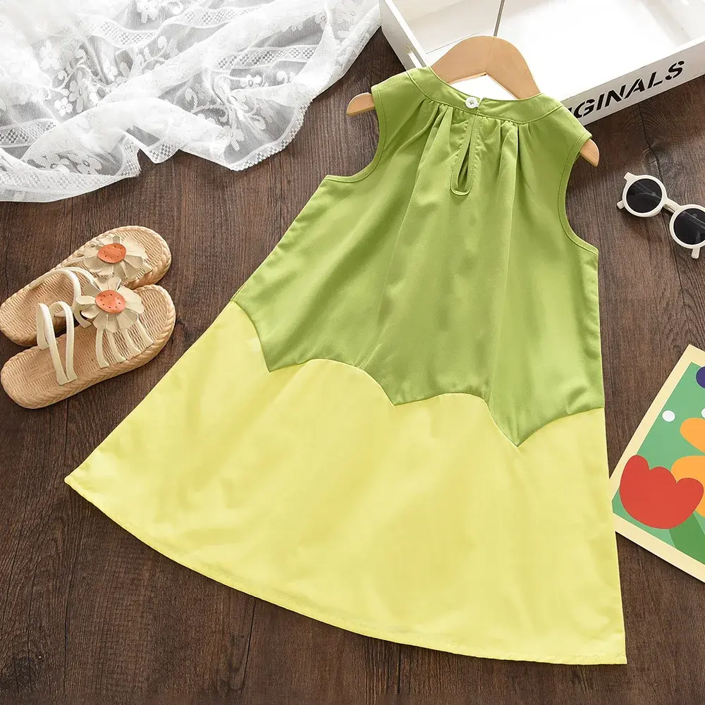 Kids Summer New Korean Version Fashion Sweet Outfit Sleeveless O-Neck A-Line Dress 1 Pc 2-7 Years Girls Cute Casual Clothes