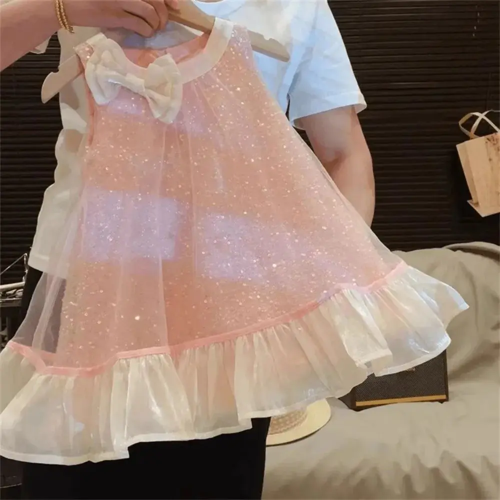 Summer Girls Party Costumes Sleeveless Bow Decoration Round Neck Sweet Princess Dress 1 Pc 2-7 Years Kids Fashion Cute Clothes