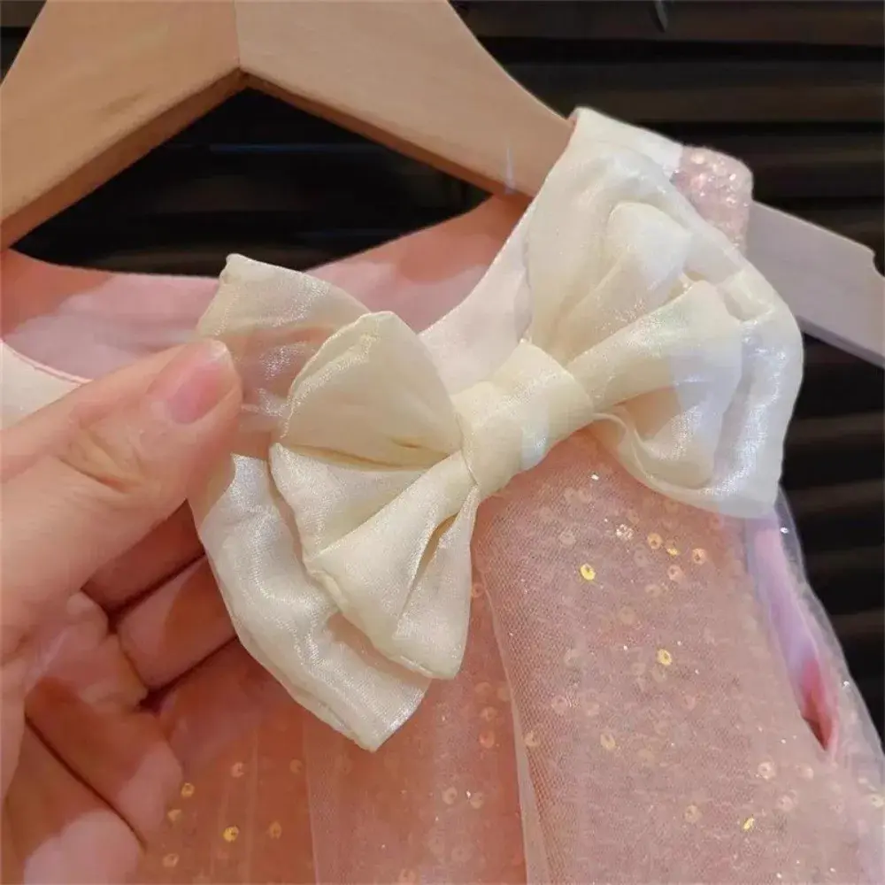 Summer Girls Party Costumes Sleeveless Bow Decoration Round Neck Sweet Princess Dress 1 Pc 2-7 Years Kids Fashion Cute Clothes