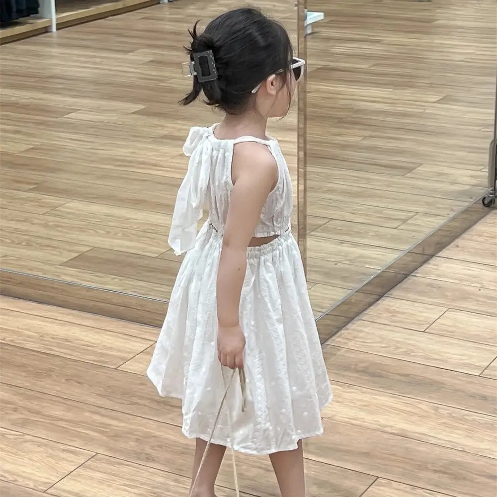 Summer New Girls Vacation Casual Simple Plain Sleeveless Hollow Out Hanging Neck Dress 1 Pc 2-7 Years Kids Fashion Clothes